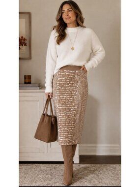 Hugo Boss Frannia Midi Pencil  Skirt Size M Italy Taupe